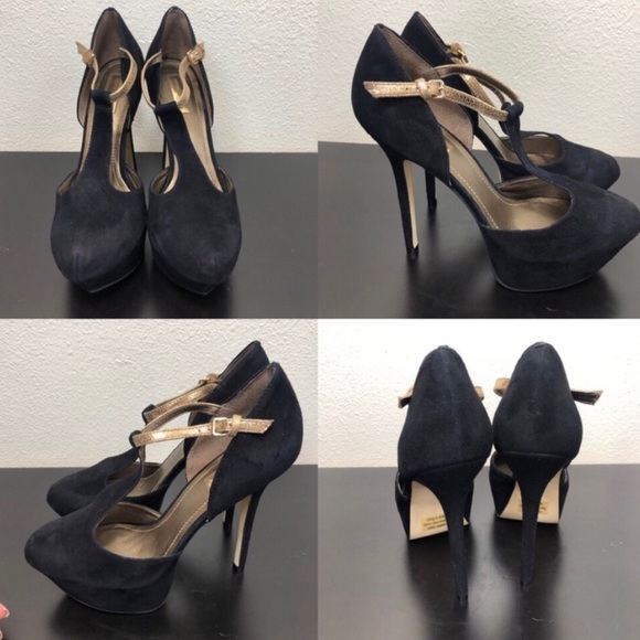 Report Signature Black Leather Gold High Heels - Picture 2 of 9